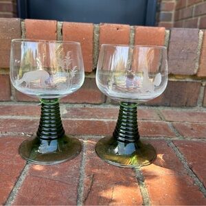 Two Vintage Luminarc Green Glasses 
Etched Goblet Pair with Spiral Green Stems